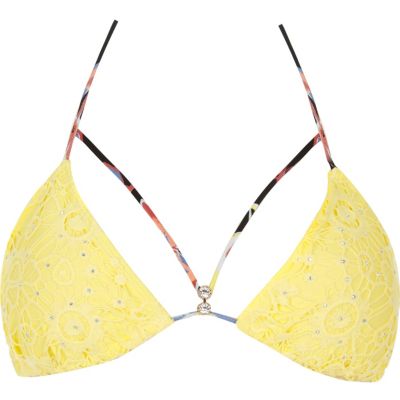 Yellow lace strappy bikini top